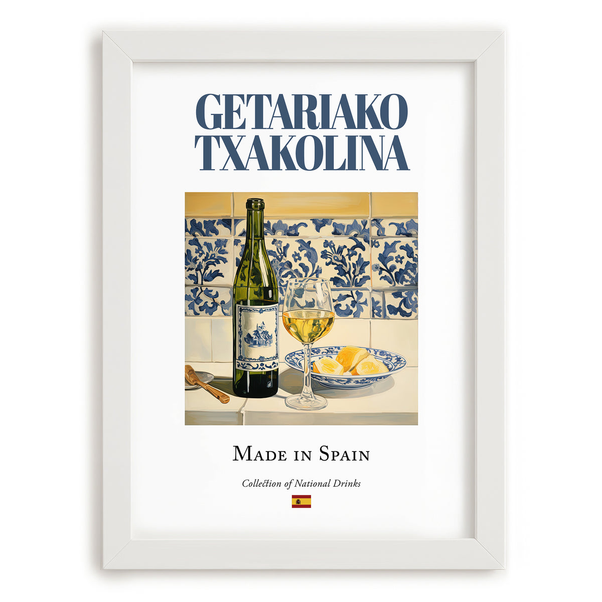 Getariako Txakolina – Spanish White Wine, Vineyard Terrace Painting, placed in minimal white frame