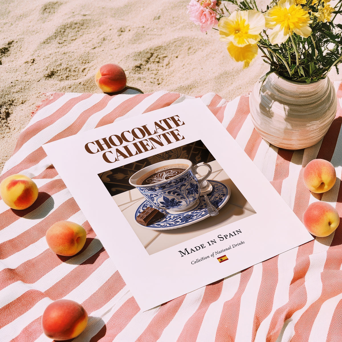 Chocolate caliente – Spanish Beverage Drink, Beach Bar Still Life, unframed on coastal sand