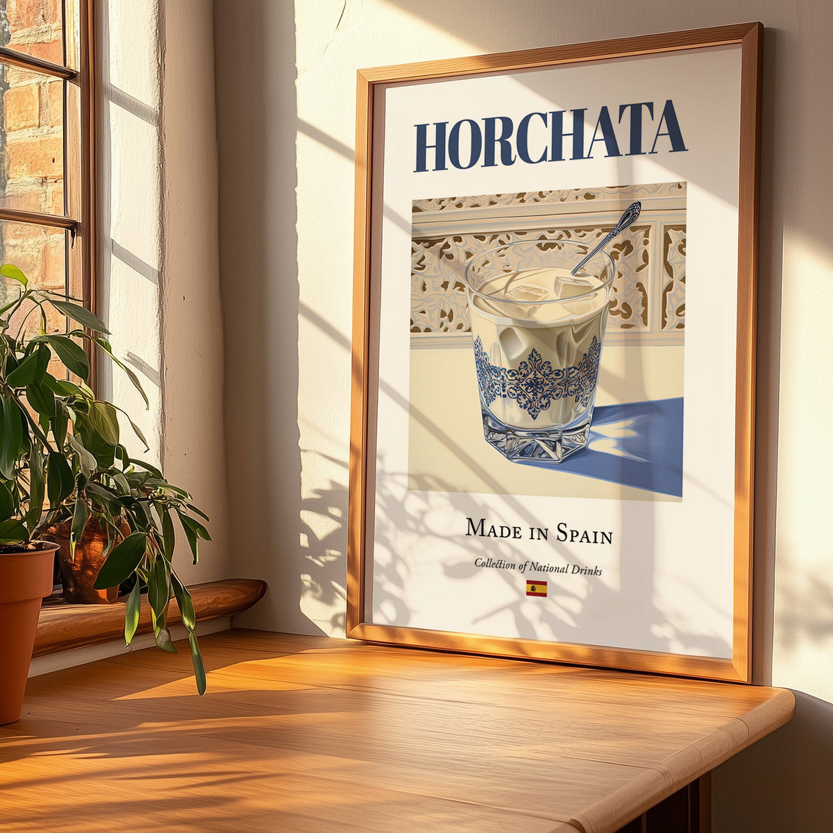 Horchata – Spanish Beverage Drink, Hotel Lobby Illustration, no-text version framed in wood