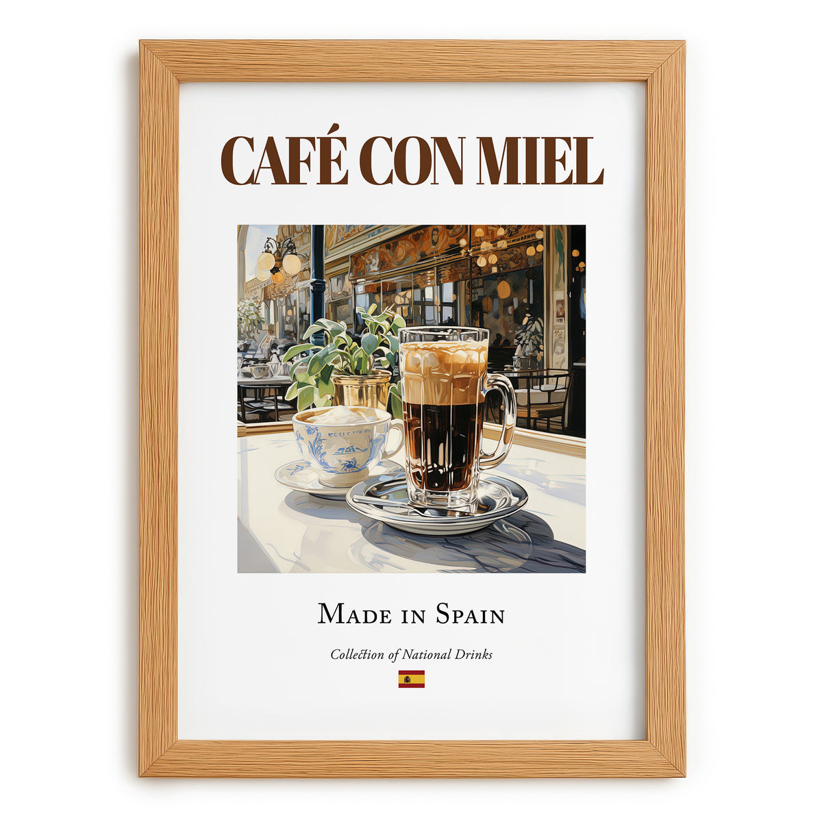 Café con miel – Spanish Coffee, Book Café Wall Decor, set in oak frame