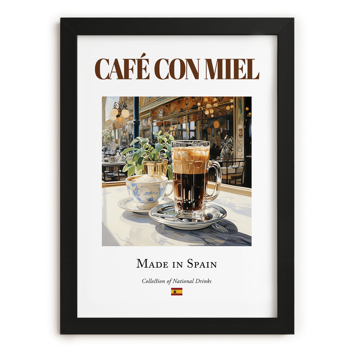 Café con miel – Spanish Coffee, Book Café Wall Decor, in sleek black frame