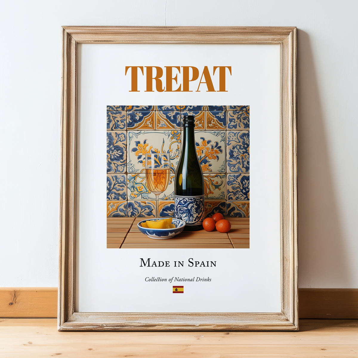Trepat – Spanish Red Wine, Vineyard Terrace Print, in wooden frame leaning on the floor