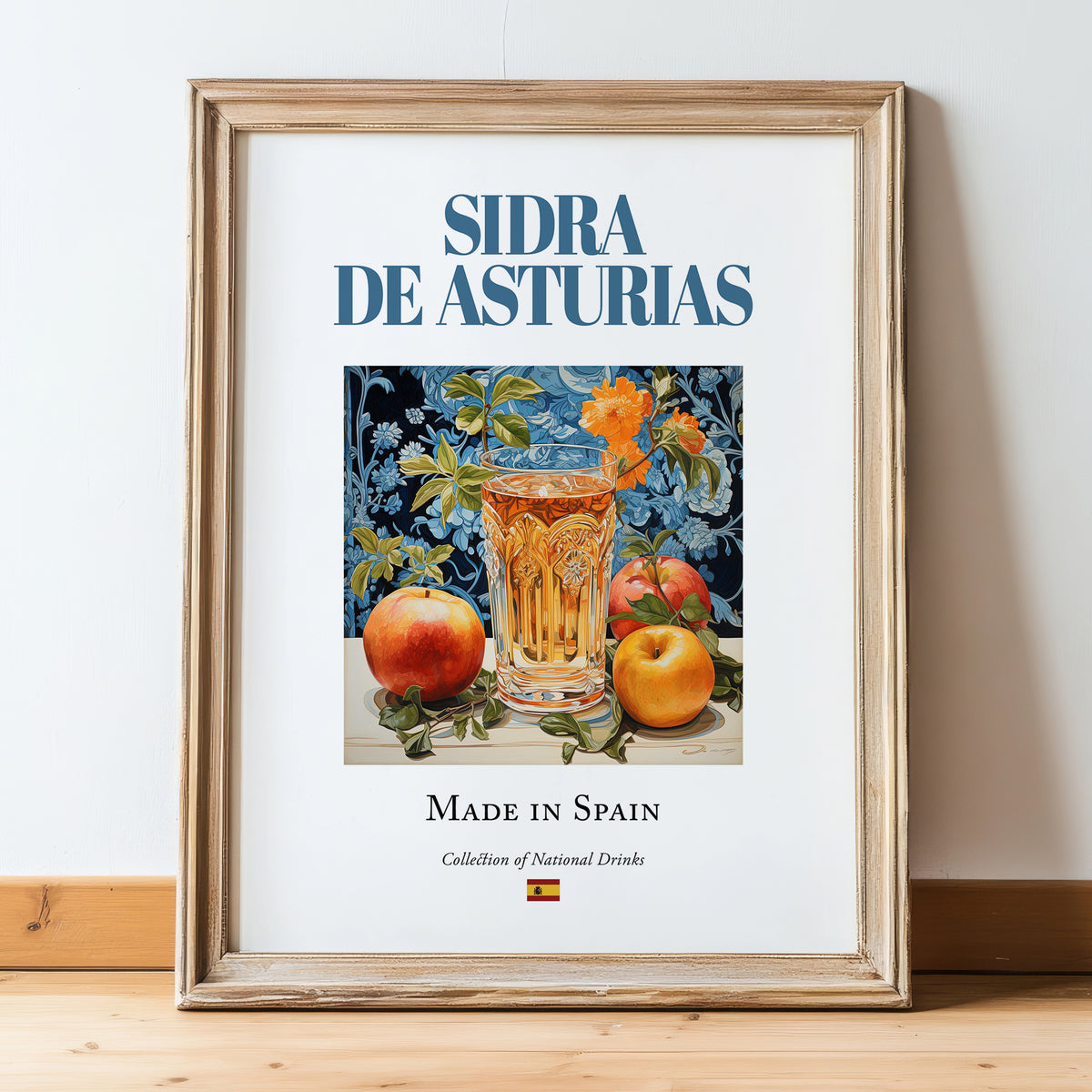 Sidra de Asturias – Spanish Cider Cider, Farmers’ Market Stall Print, in wooden frame leaning on the floor
