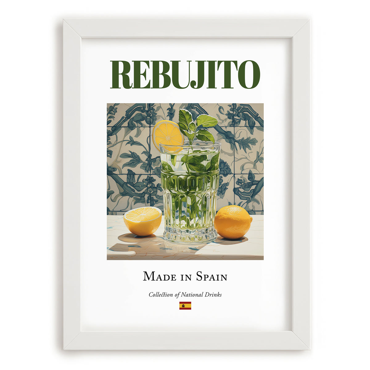 Rebujito – Spanish Cocktail Drink, Beach Bar Painting, placed in minimal white frame