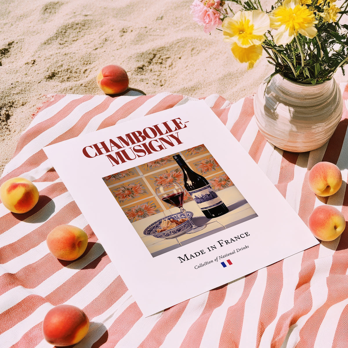 Chambolle-Musigny – French Red Wine, Vineyard Terrace Still Life, unframed on coastal sand