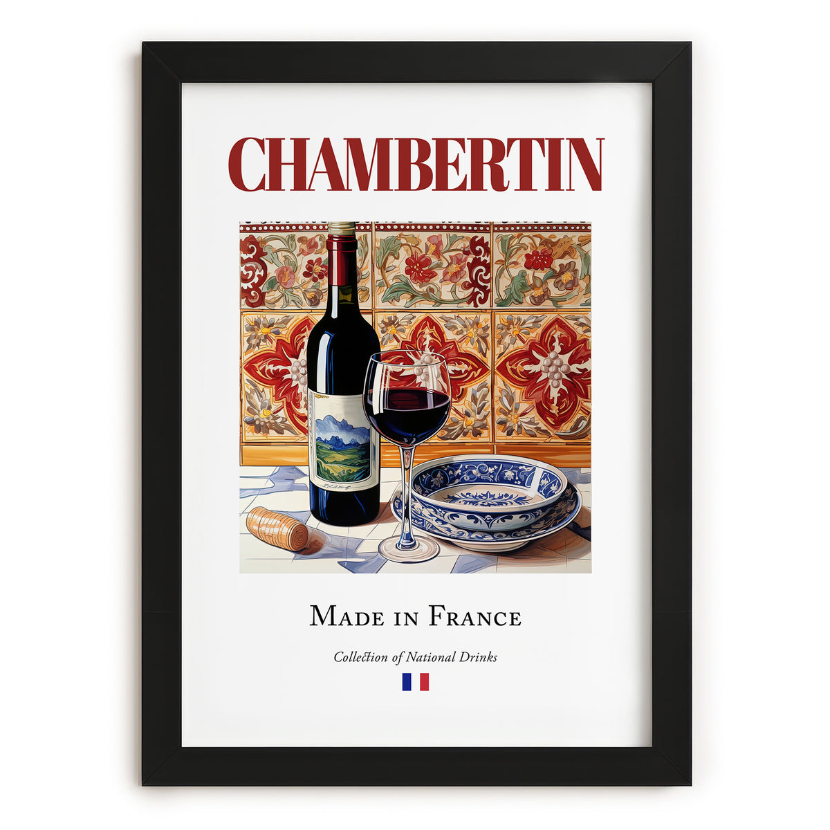 Chambertin – French Red Wine, Wine Bar Painting, in sleek black frame