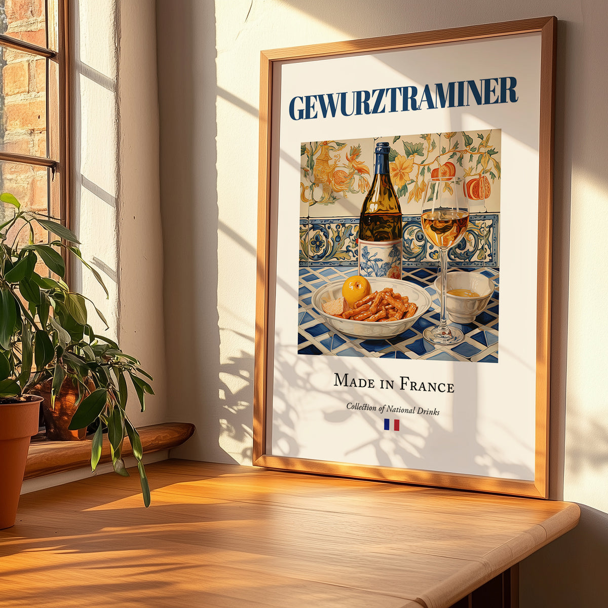 Gewurztraminer – French White Wine, Wine Bar Wall Art, no-text version framed in wood