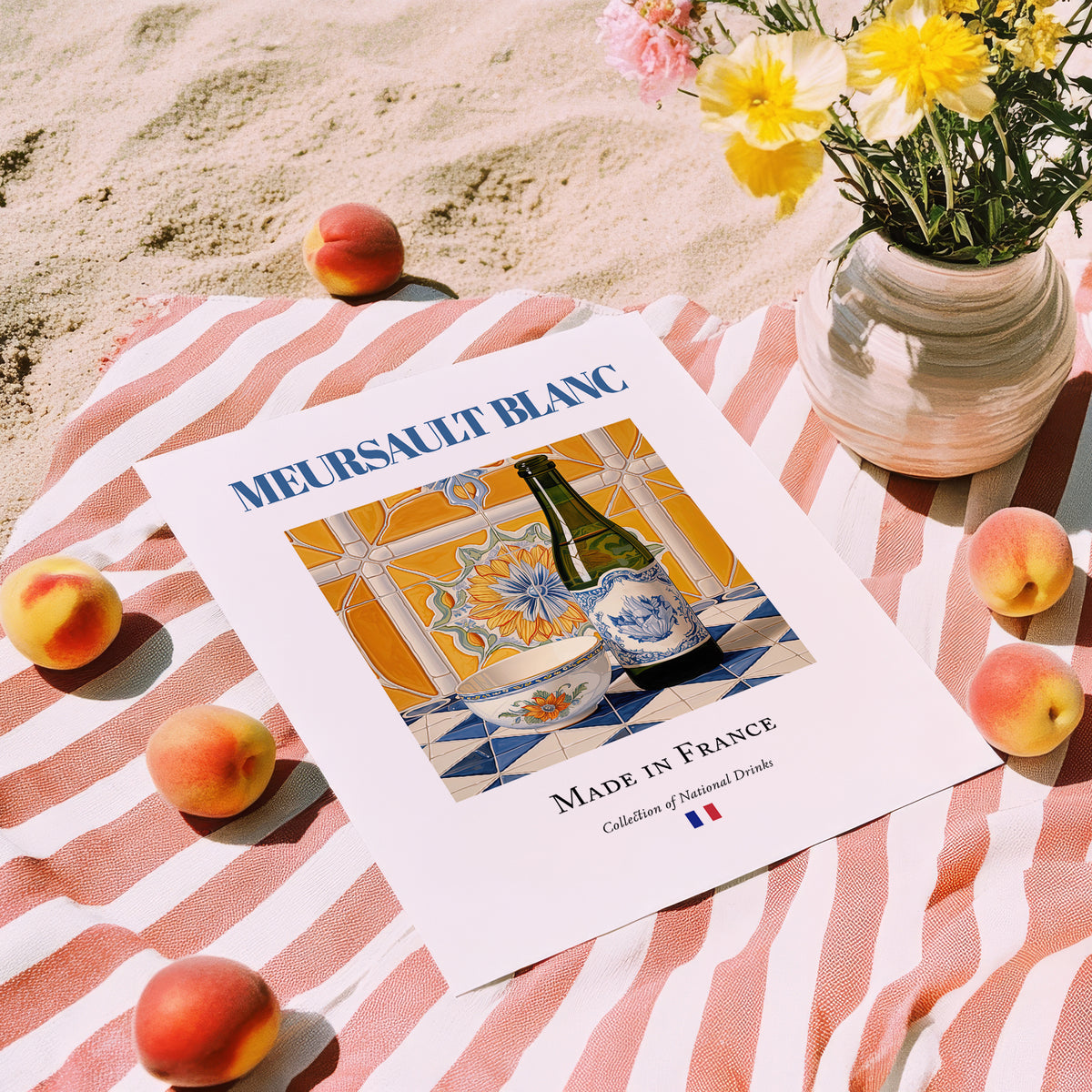 Meursault blanc – French White Wine, Vinoteca Wall Decor, unframed on coastal sand