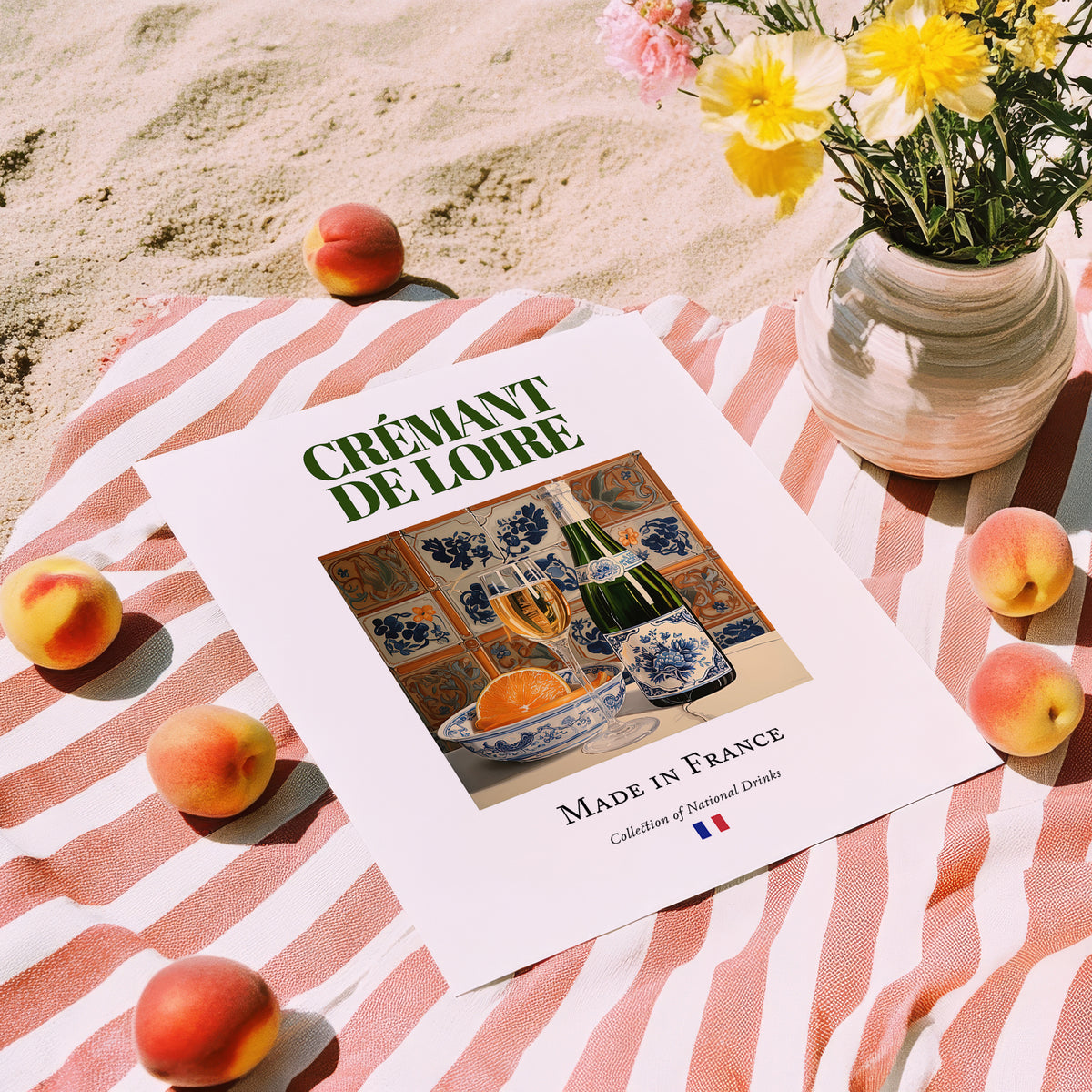 Crémant de Loire – French Sparkling Wine, Wine Bar Illustration, unframed on coastal sand