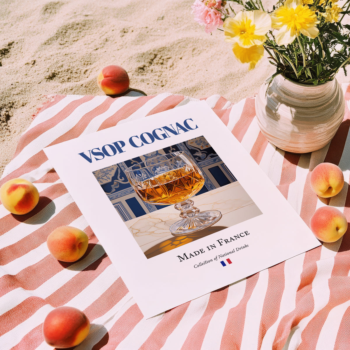 VSOP Cognac – French Spirit Drink, Speakeasy Wall Art, unframed on coastal sand