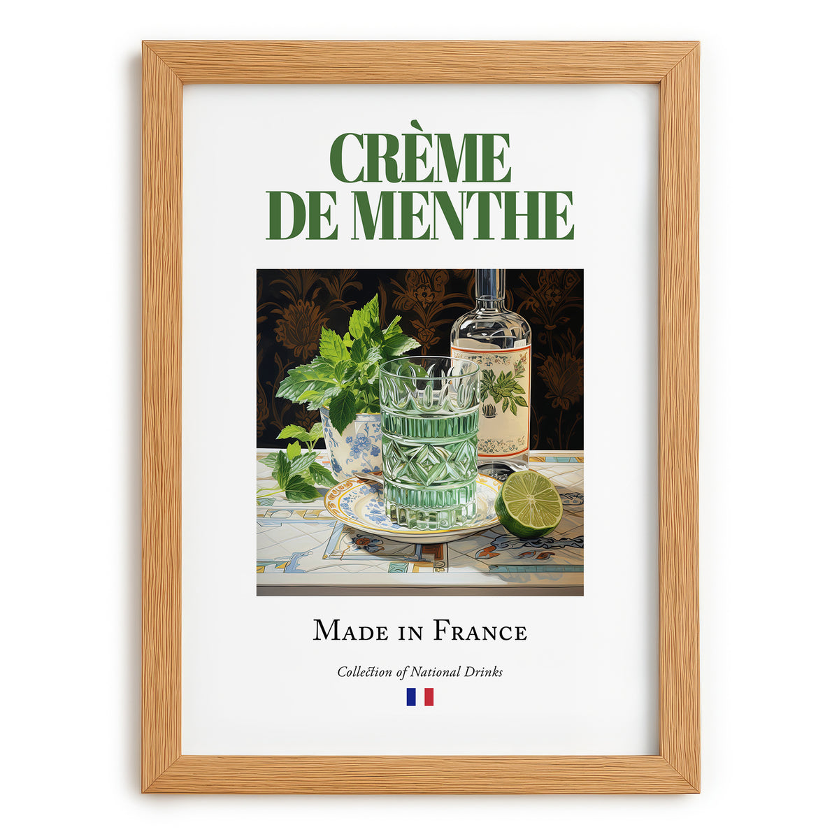 Crème de menthe – French Liqueur Drink, Cocktail Lounge Painting, set in oak frame