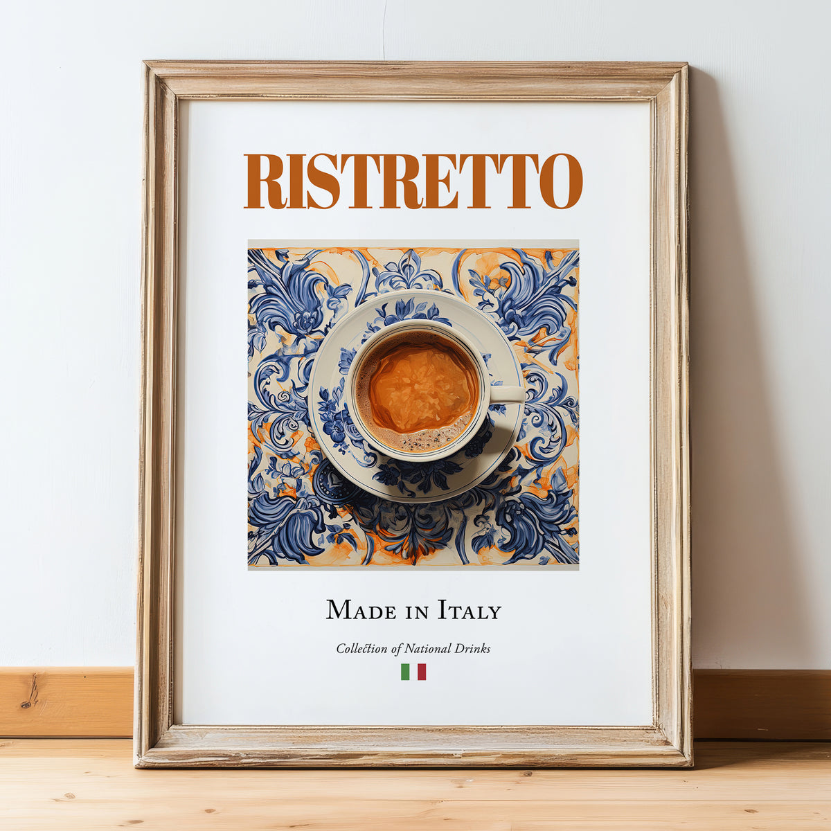 Ristretto – Italian Coffee, Street Café Illustration, in wooden frame leaning on the floor