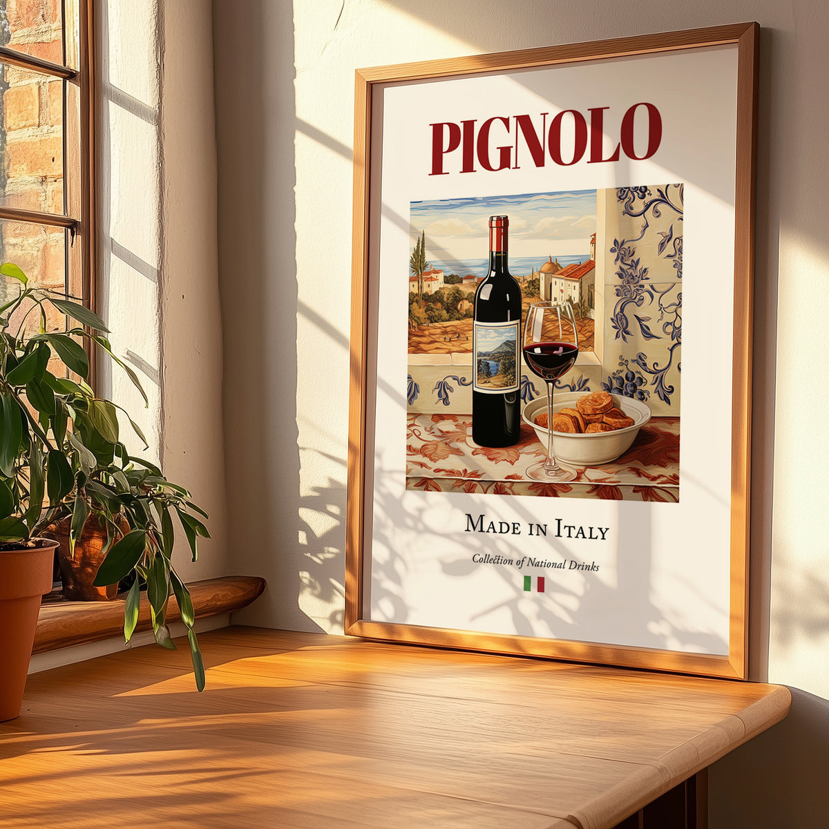 Pignolo – Italian Red Wine, Tasting Room Print, no-text version framed in wood