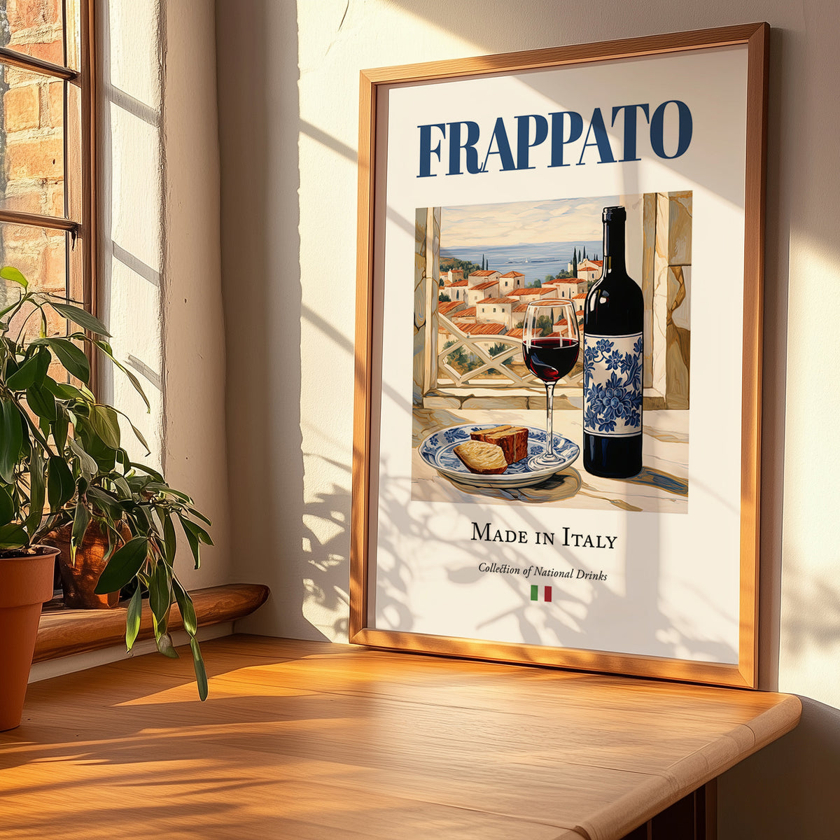 Frappato – Italian Red Wine, Wine Bar Poster, no-text version framed in wood