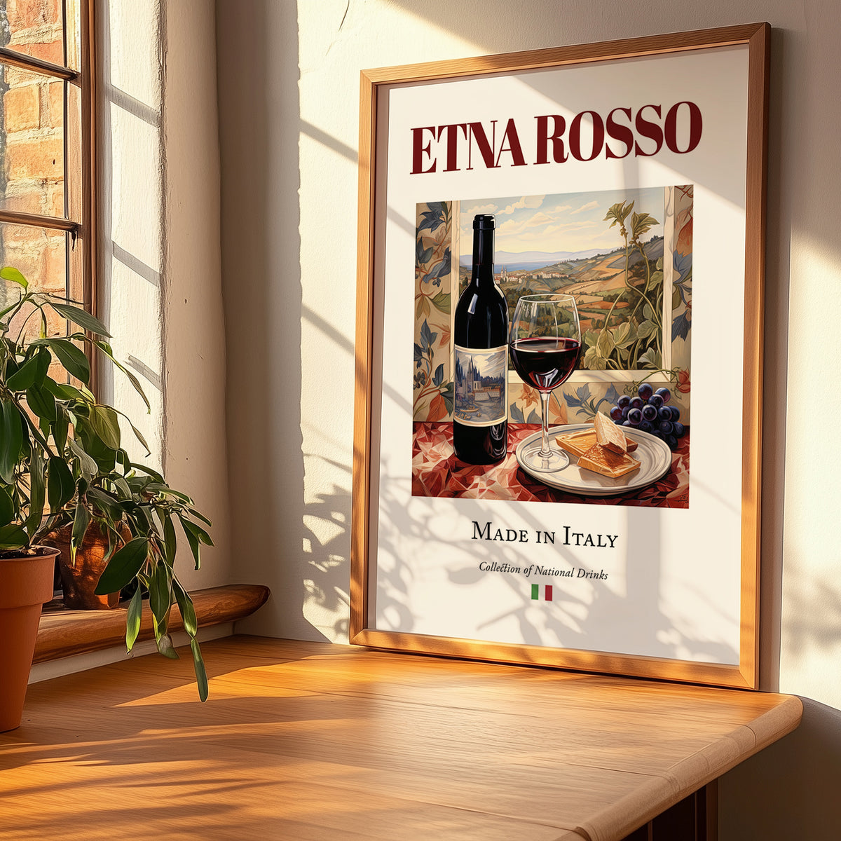 Etna Rosso – Italian Red Wine, Vinoteca Poster, no-text version framed in wood