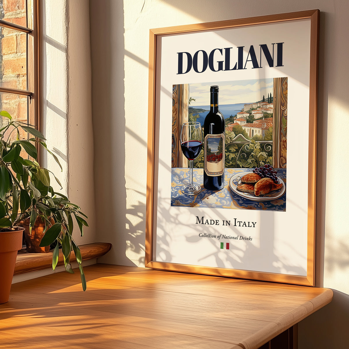 Dogliani – Italian Red Wine, Vineyard Terrace Poster, no-text version framed in wood