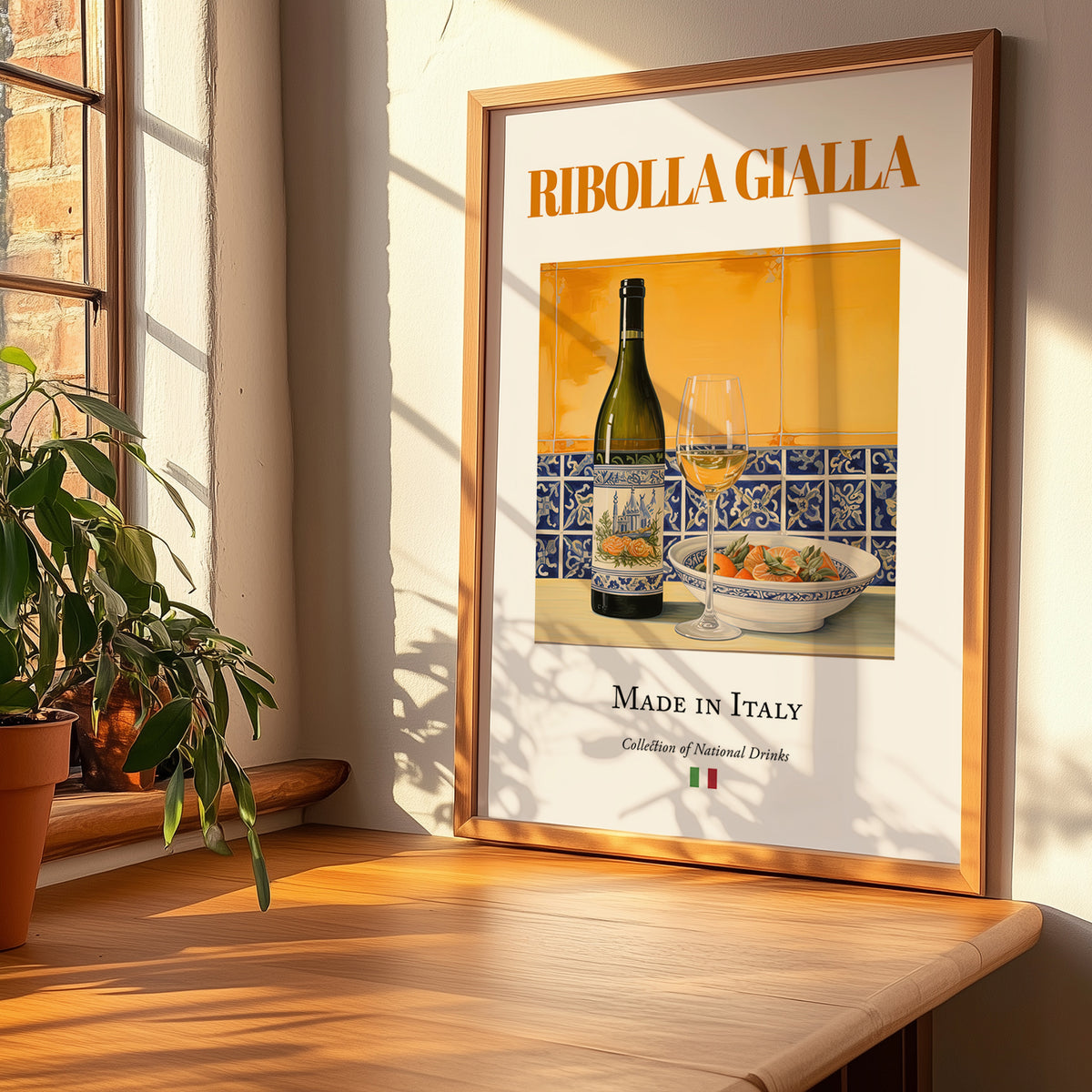 Ribolla Gialla – Italian White Wine, Wine Bar Poster, no-text version framed in wood