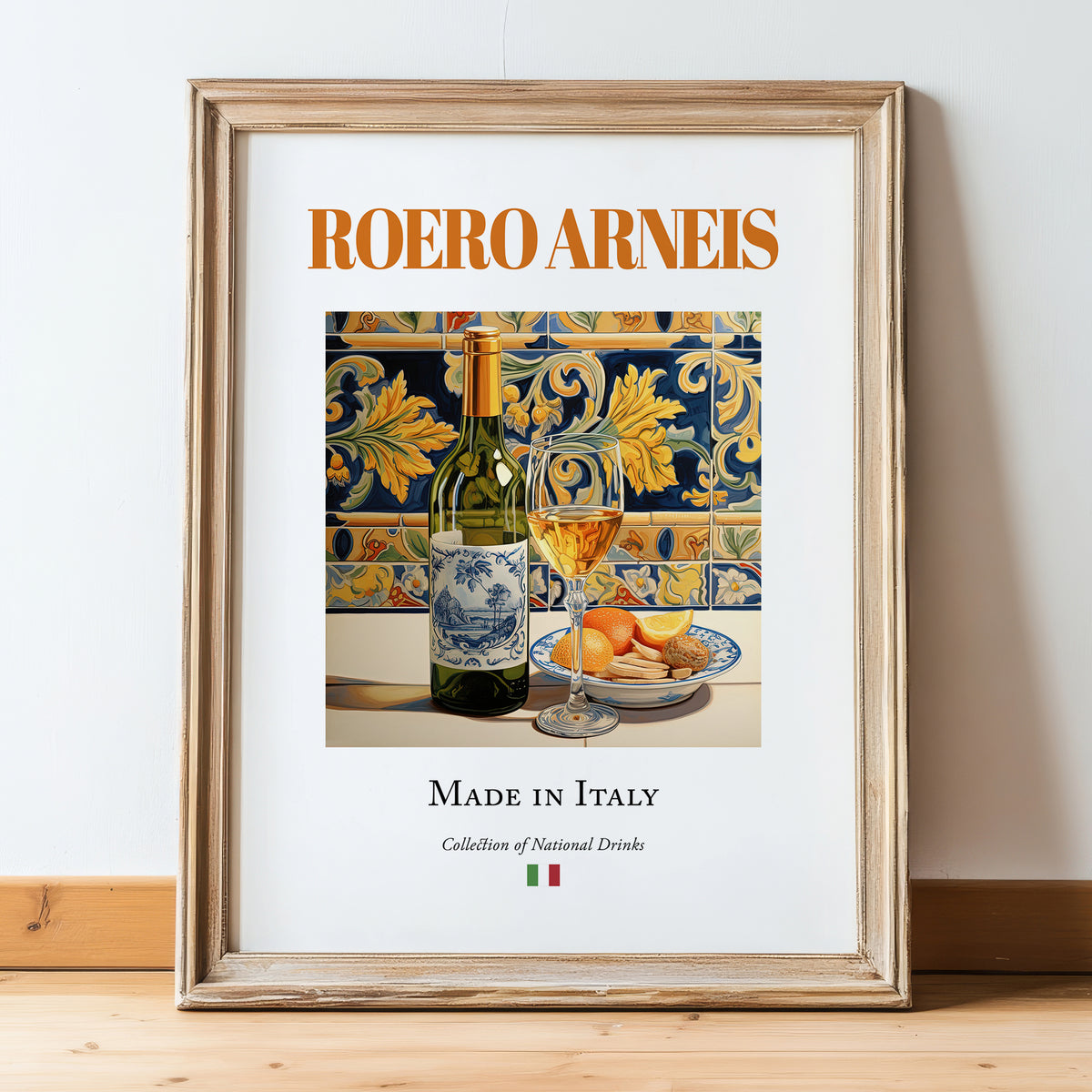 Roero Arneis – Italian White Wine, Bodega Still Life, in wooden frame leaning on the floor
