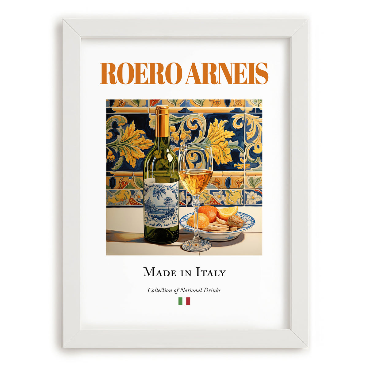 Roero Arneis – Italian White Wine, Bodega Still Life, placed in minimal white frame