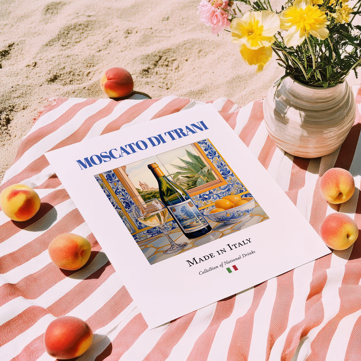 Moscato di Trani – Italian Dessert Wine, Vinoteca Illustration, unframed on coastal sand