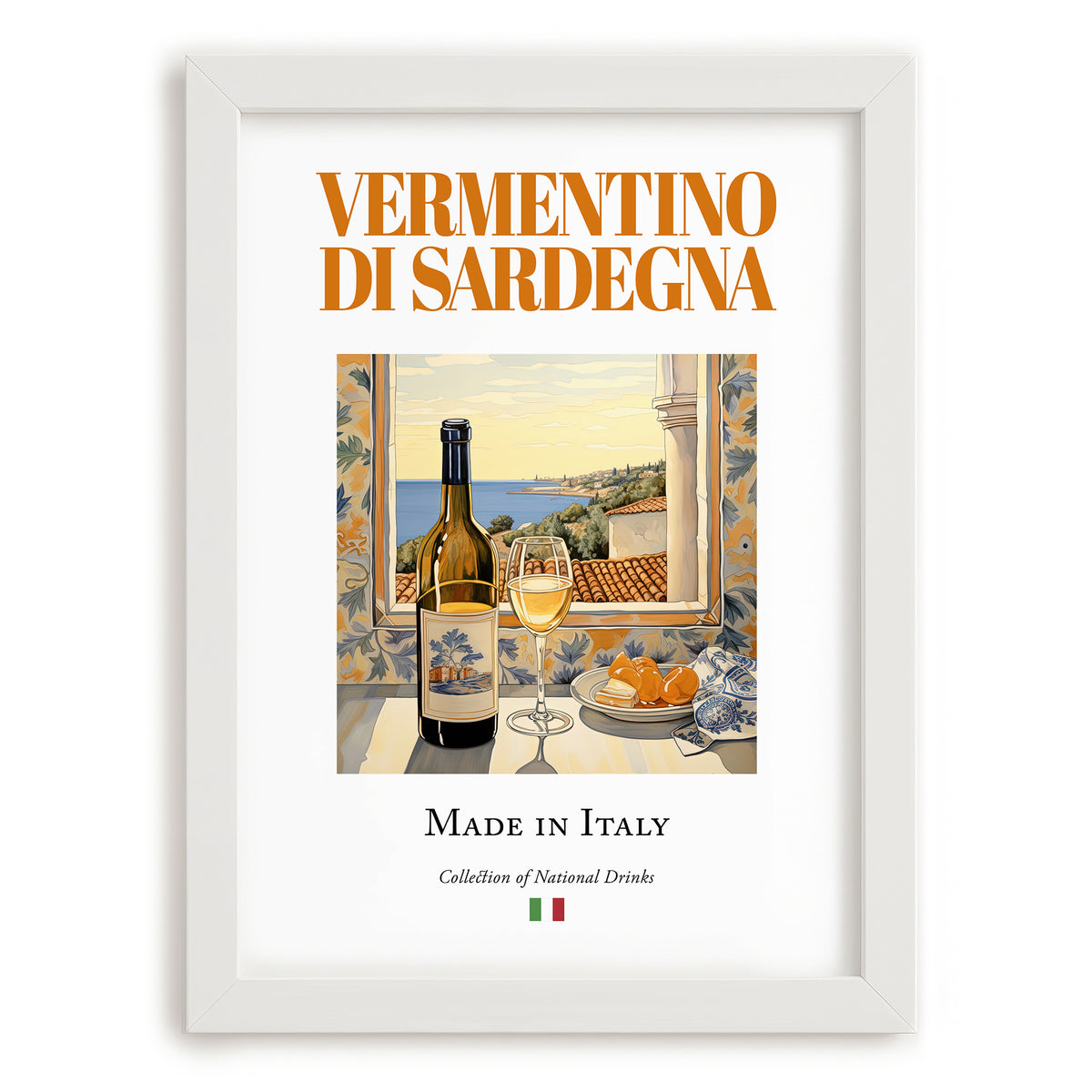 Vermentino di Sardegna – Italian White Wine, Vinoteca Poster, placed in minimal white frame