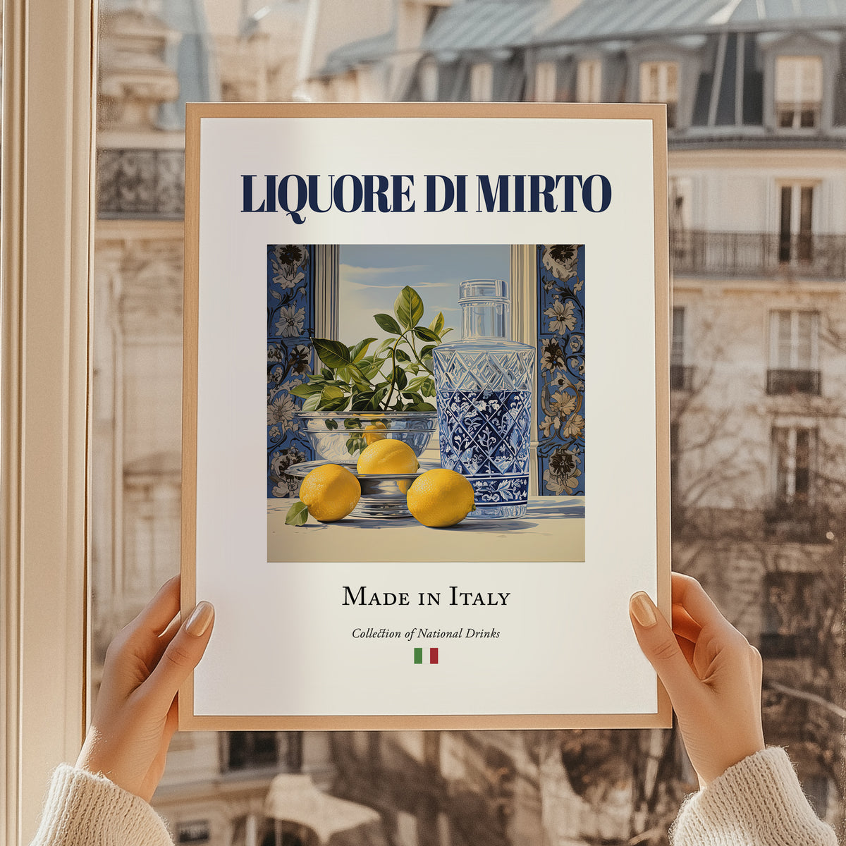 Liquore di mirto – Italian Liqueur Drink, Hotel Lobby Illustration, styled in a charming Paris street view