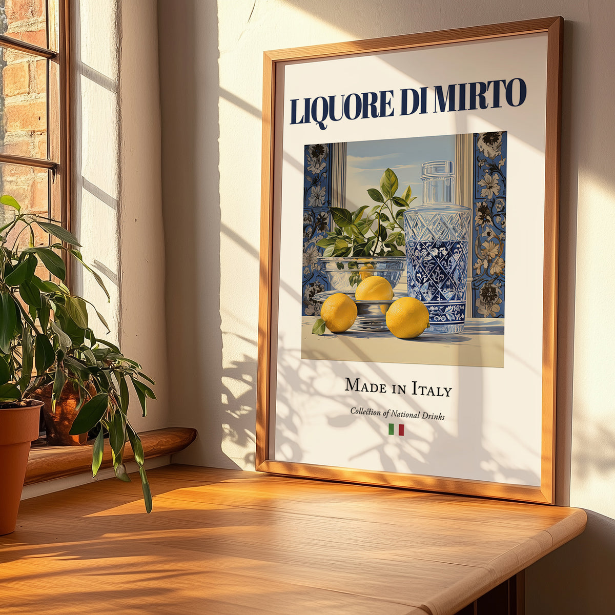 Liquore di mirto – Italian Liqueur Drink, Hotel Lobby Illustration, no-text version framed in wood