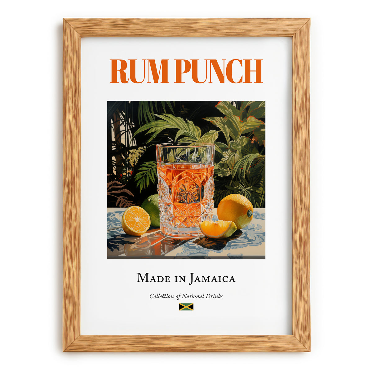 Rum Punch – Jamaican Cocktail Drink, Rooftop Terrace Wall Decor, set in oak frame