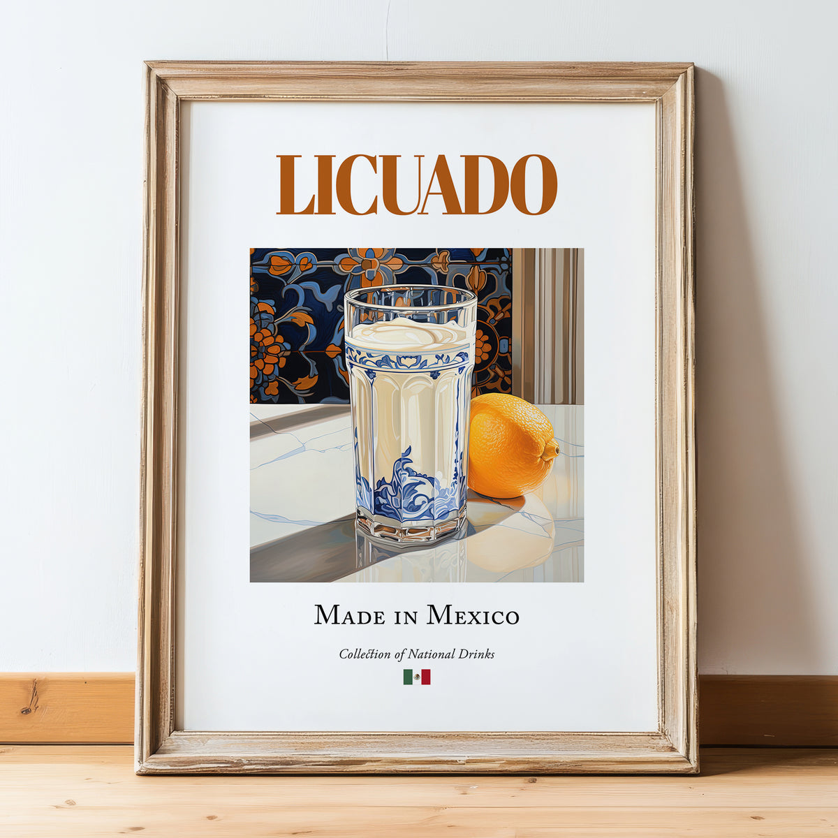 Licuado – Mexican Beverage Drink, Rooftop Terrace Poster, in wooden frame leaning on the floor