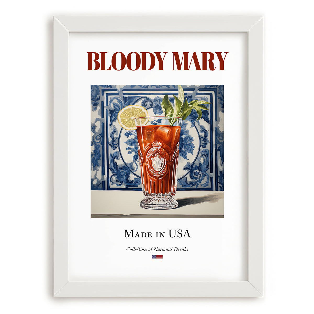 Bloody Mary – American Cocktail Drink, Beach Bar Illustration, placed in minimal white frame