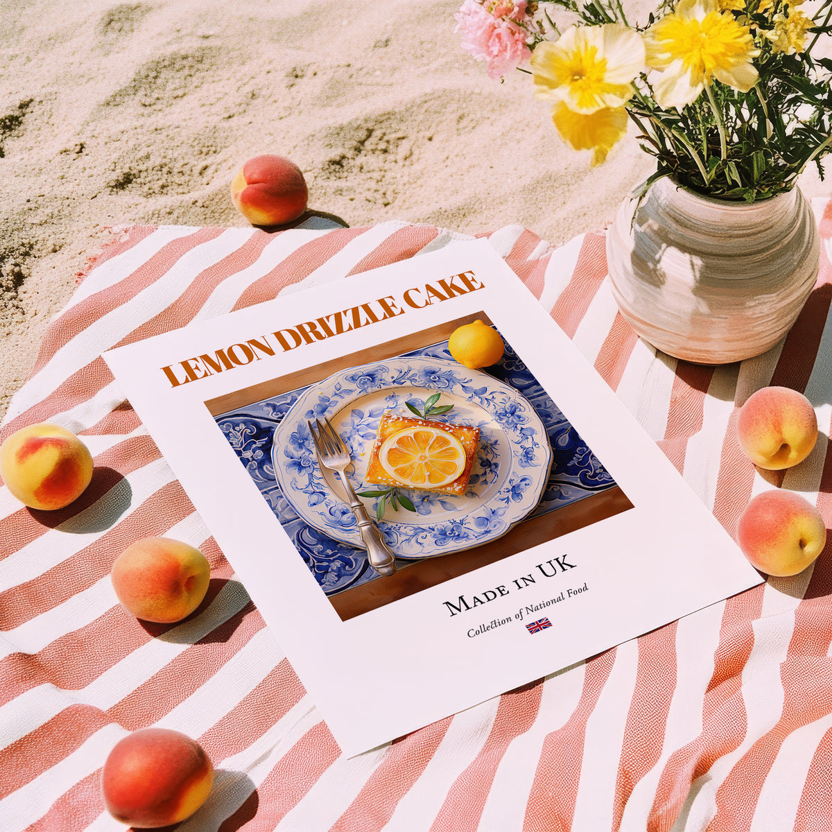 Lemon Drizzle Cake – English Dessert Dish, Brasserie Wall Art, unframed on coastal sand