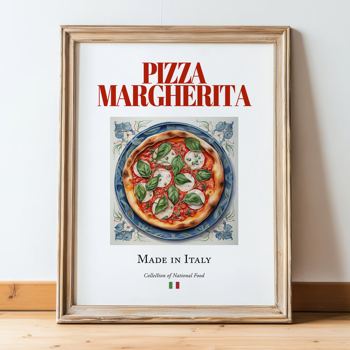 Pizza Margherita – Italian Pizza, Trattoria Wall Art, in wooden frame leaning on the floor