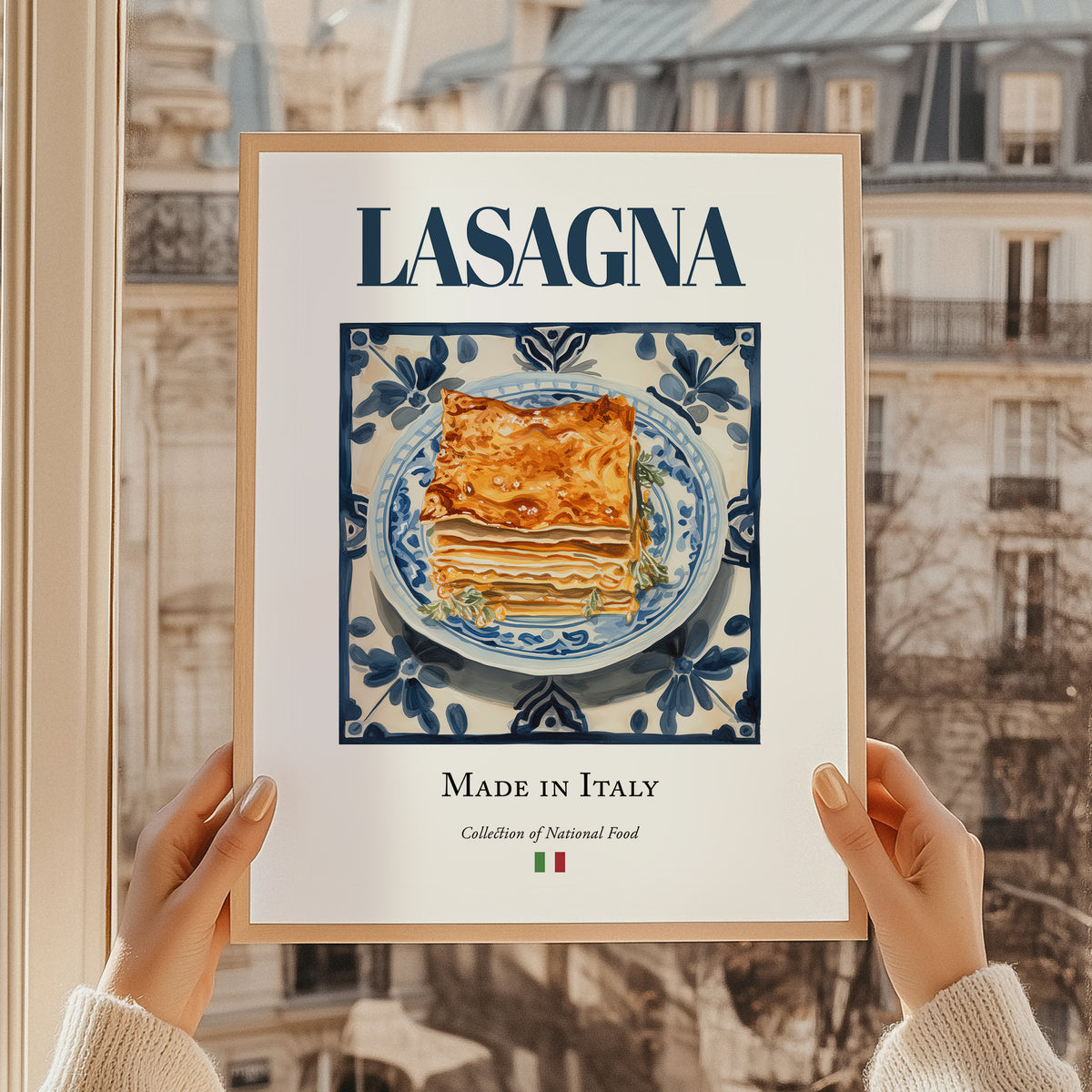 Lasagna – Italian Pasta, Trattoria Print, styled in a charming Paris street view