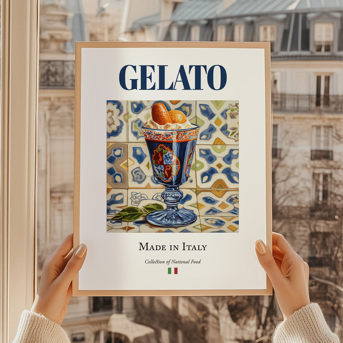 Gelato – Italian Dessert Dish, Café Poster, styled in a charming Paris street view