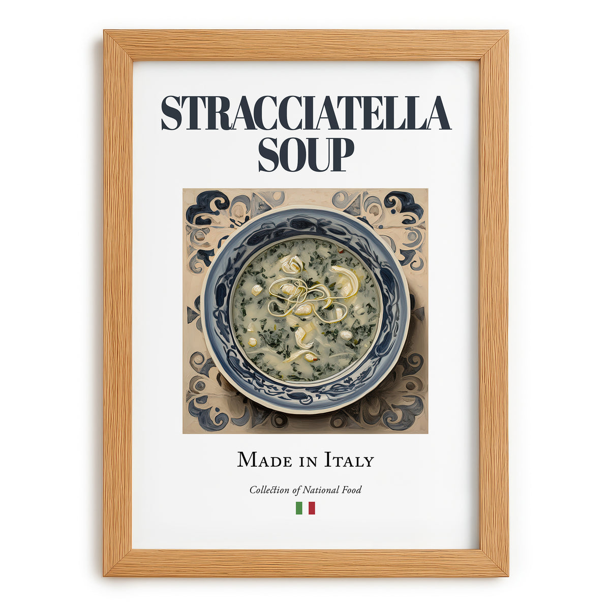 Stracciatella Soup – Italian Soup Dish, Bistro Wall Decor, set in oak frame