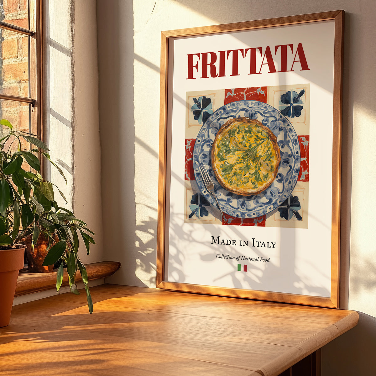 Frittata – Italian Snack Dish, Farmhouse Kitchen Print, no-text version framed in wood
