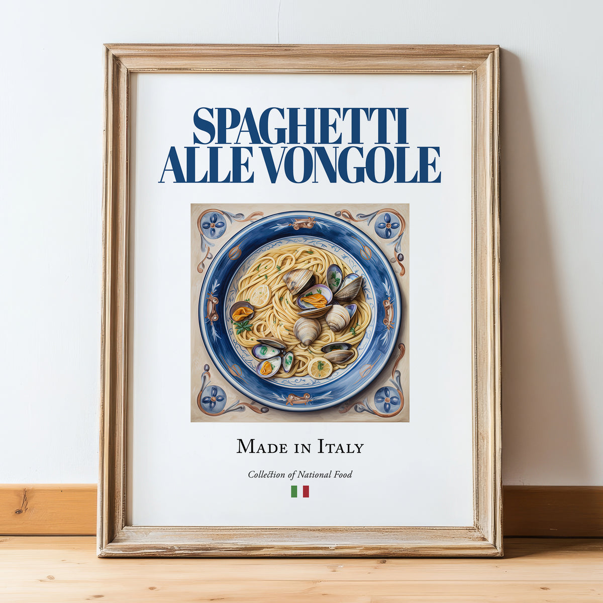 Spaghetti alle Vongole – Italian Pasta, Restaurant Still Life, in wooden frame leaning on the floor