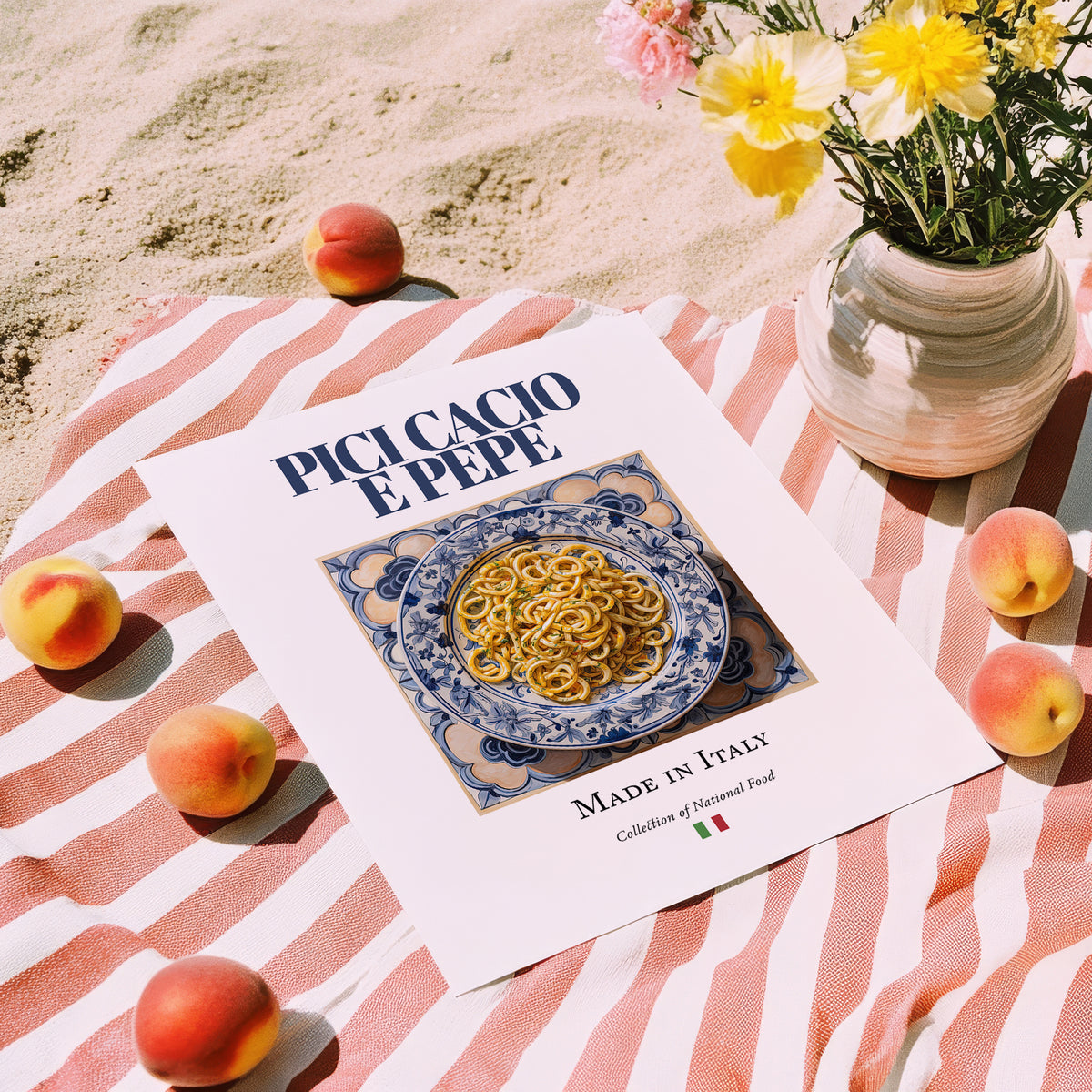 Pici Cacio e Pepe – Italian Pasta, Trattoria Wall Decor, unframed on coastal sand