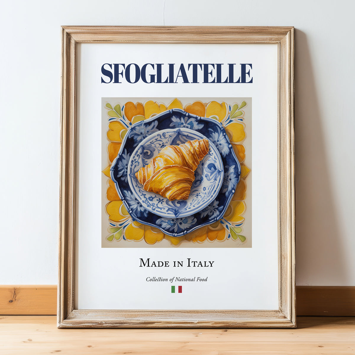 Sfogliatelle – Italian Dessert Dish, Farmhouse Kitchen Poster, in wooden frame leaning on the floor