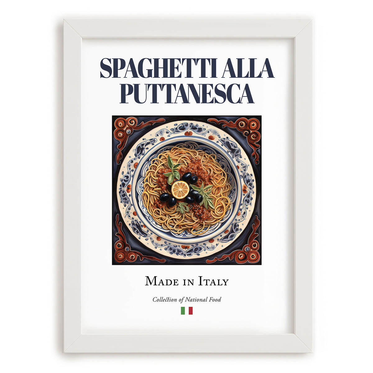 Spaghetti alla Puttanesca – Italian Pasta, Osteria Painting, placed in minimal white frame