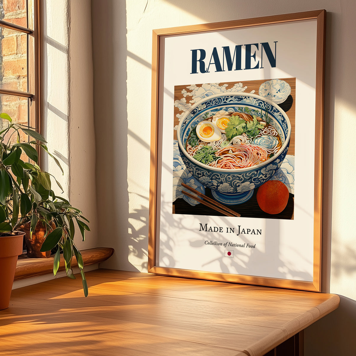 Ramen – Japanese Soup Dish, Café Wall Art, no-text version framed in wood