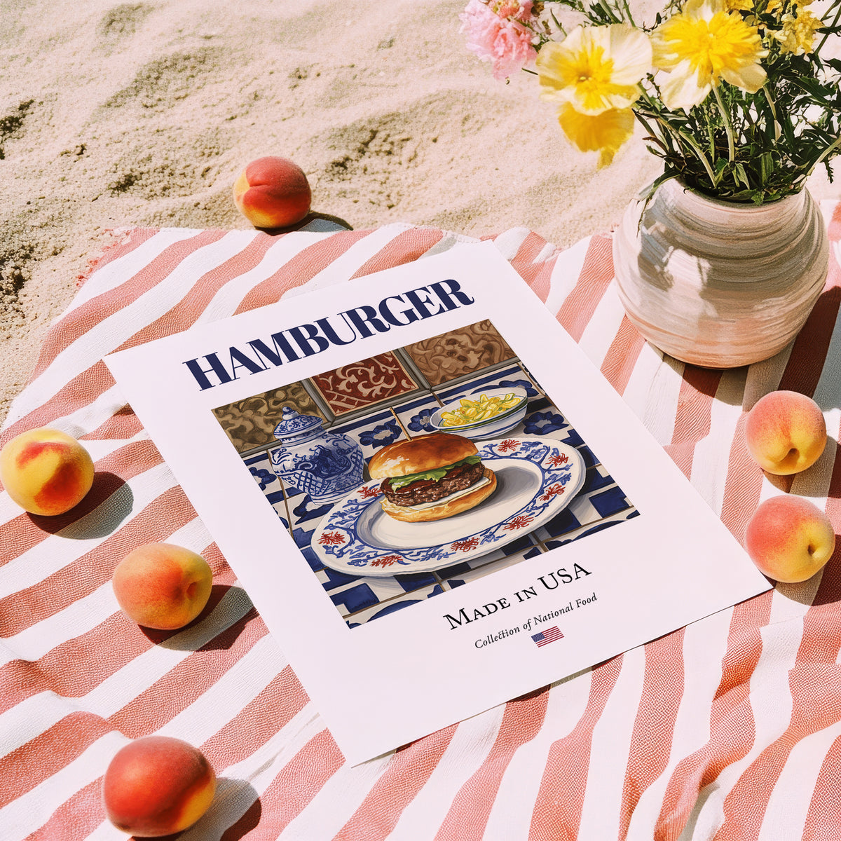 Hamburger – American Snack Dish, Bistro Poster, unframed on coastal sand