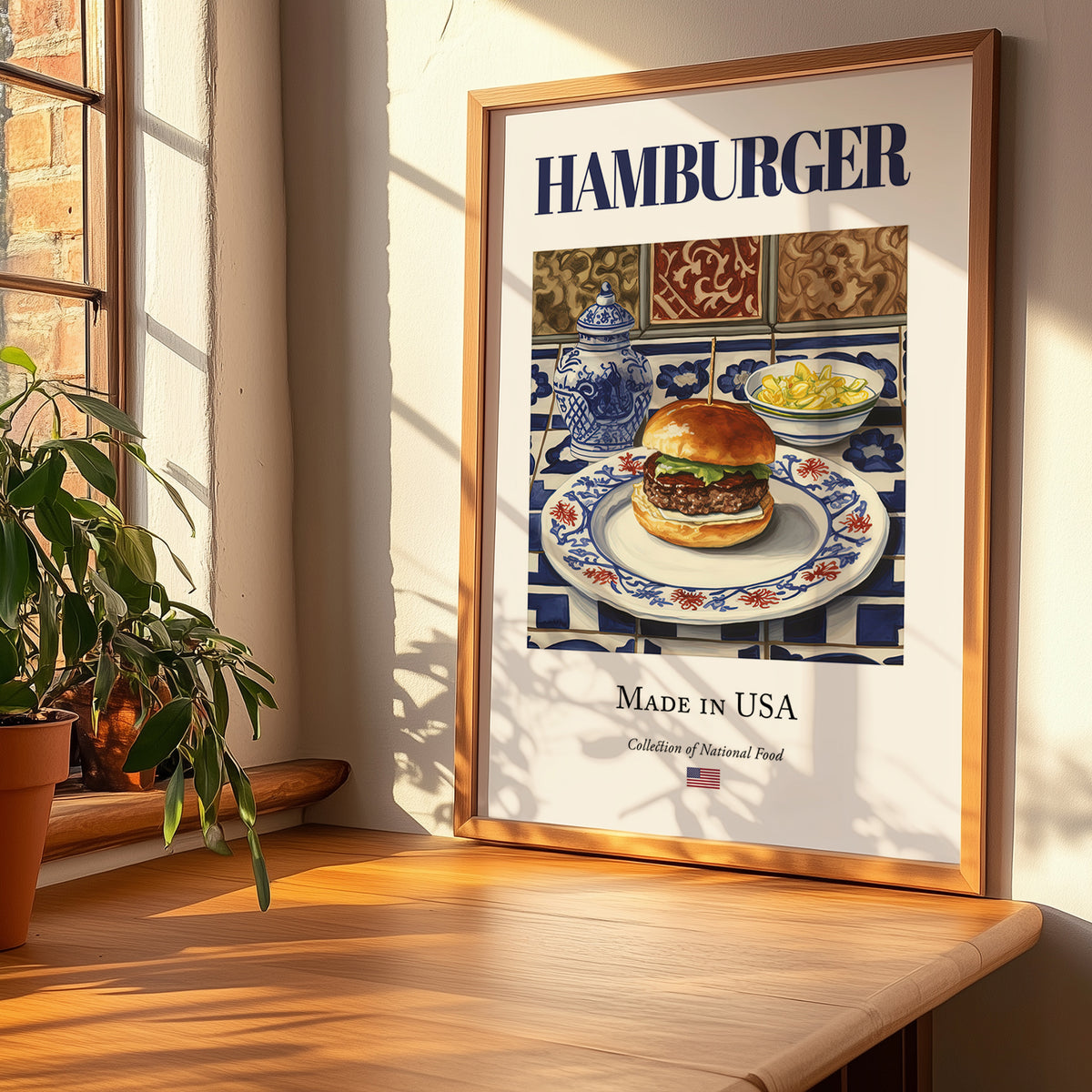 Hamburger – American Snack Dish, Bistro Poster, no-text version framed in wood