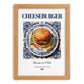Cheeseburger – American Snack Dish, Farmhouse Kitchen Poster, set in oak frame