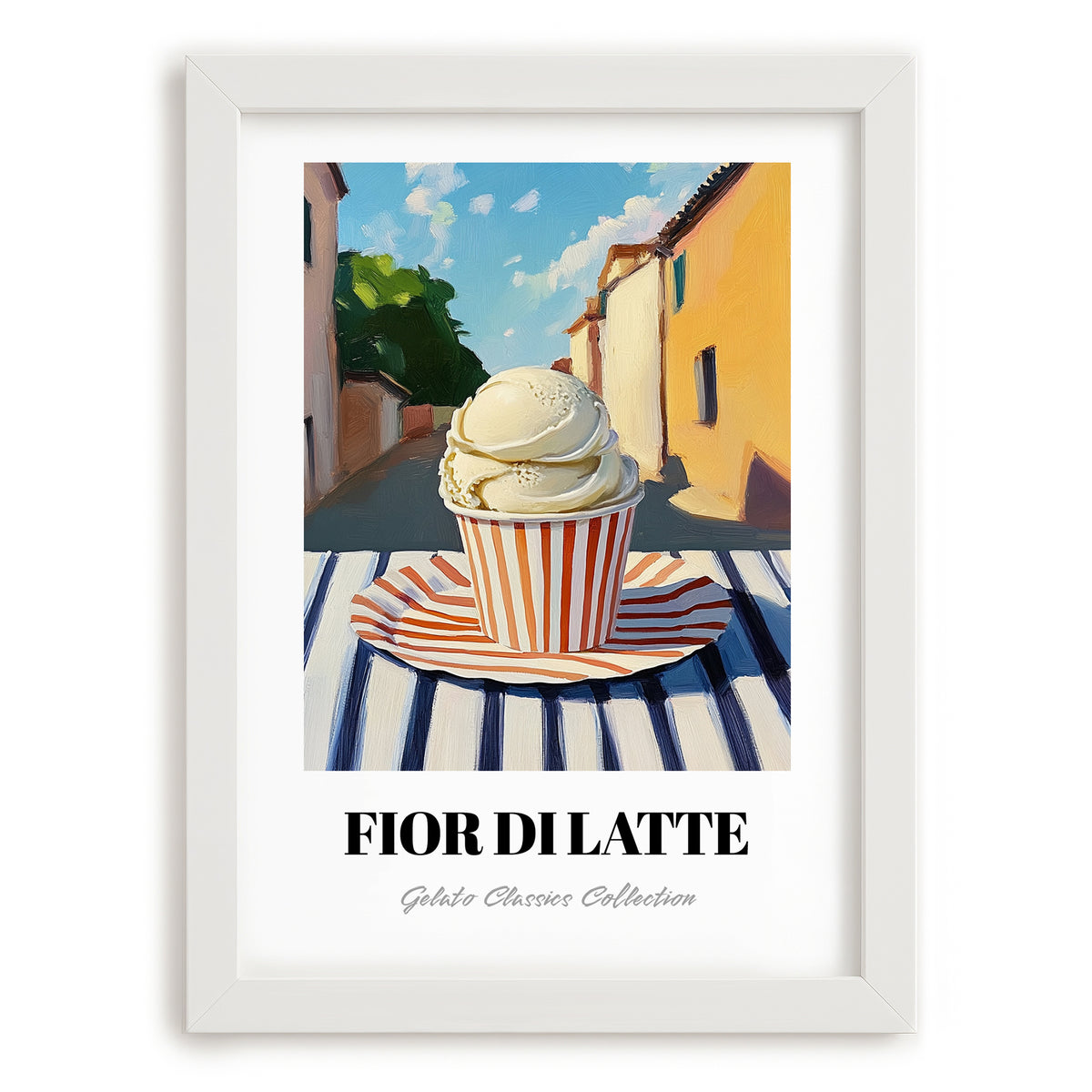 Gelato Fior Di Latte – Italian Outdoor Café Scene, Gelato Illustration, placed in minimal white frame