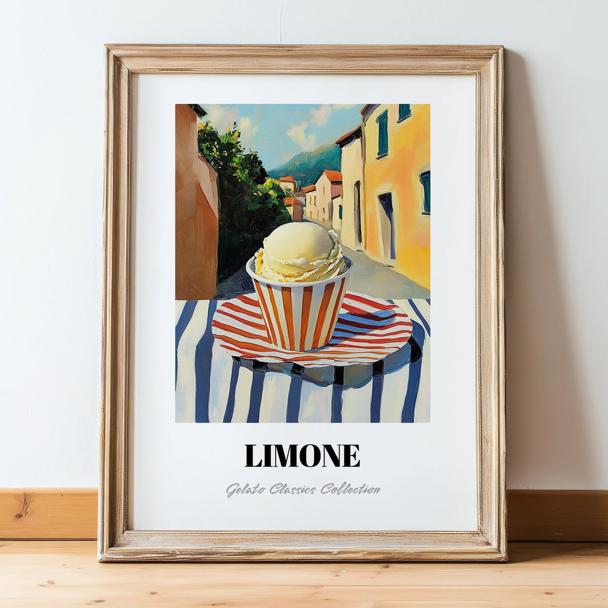 Gelato Limone – Italian Café on the Corner, Gelato Illustration, in wooden frame leaning on the floor