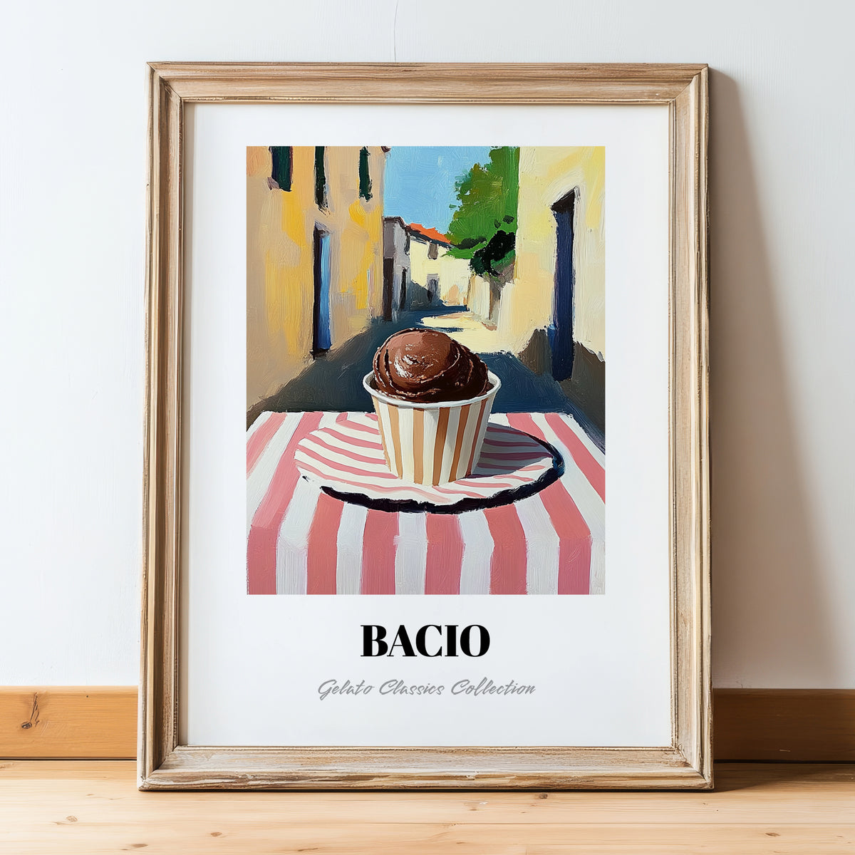 Gelato Bacio – Italian Street Café Scene, Gelato Poster, in wooden frame leaning on the floor