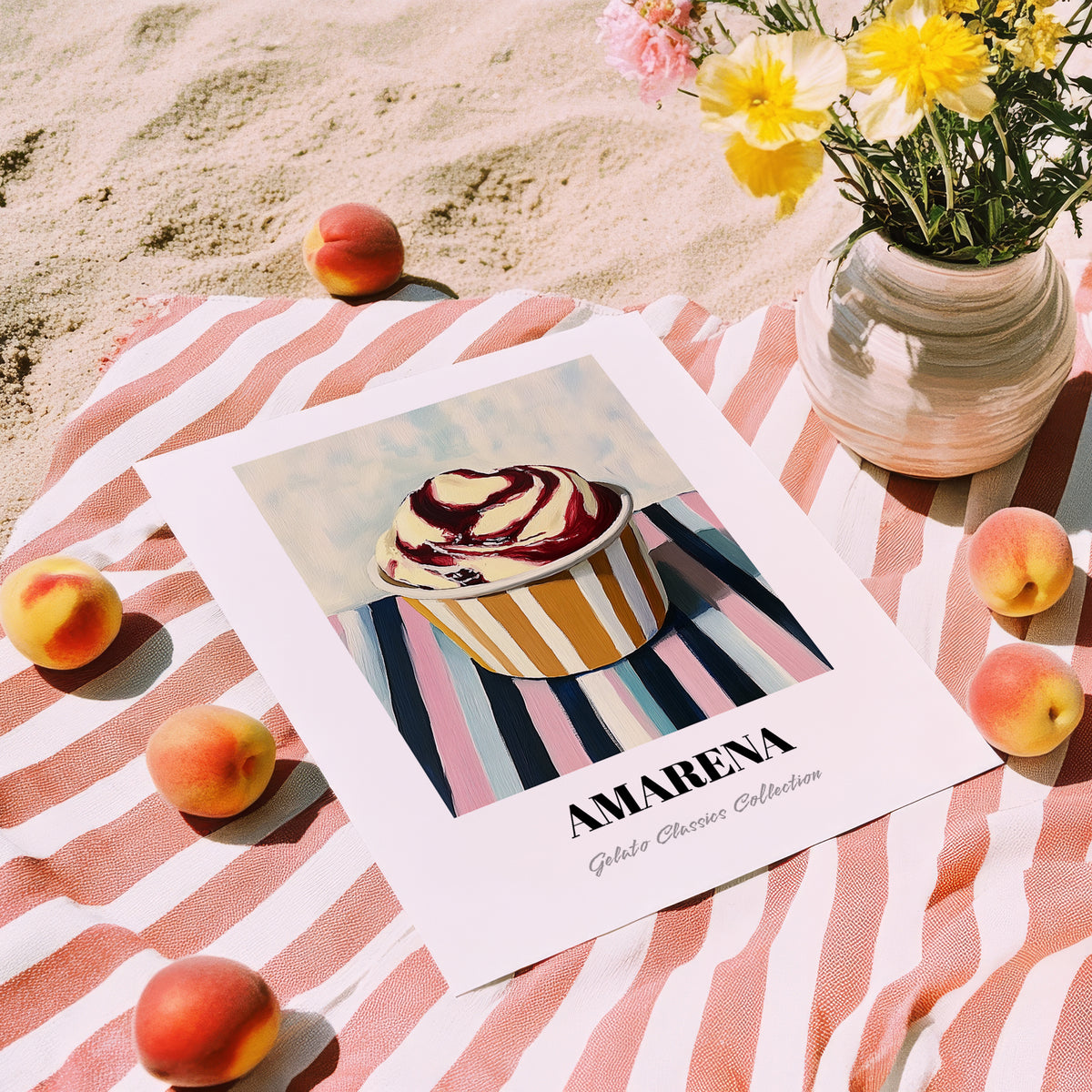 Amarena – on Striped Tablecloth, Gelato Print, unframed on coastal sand