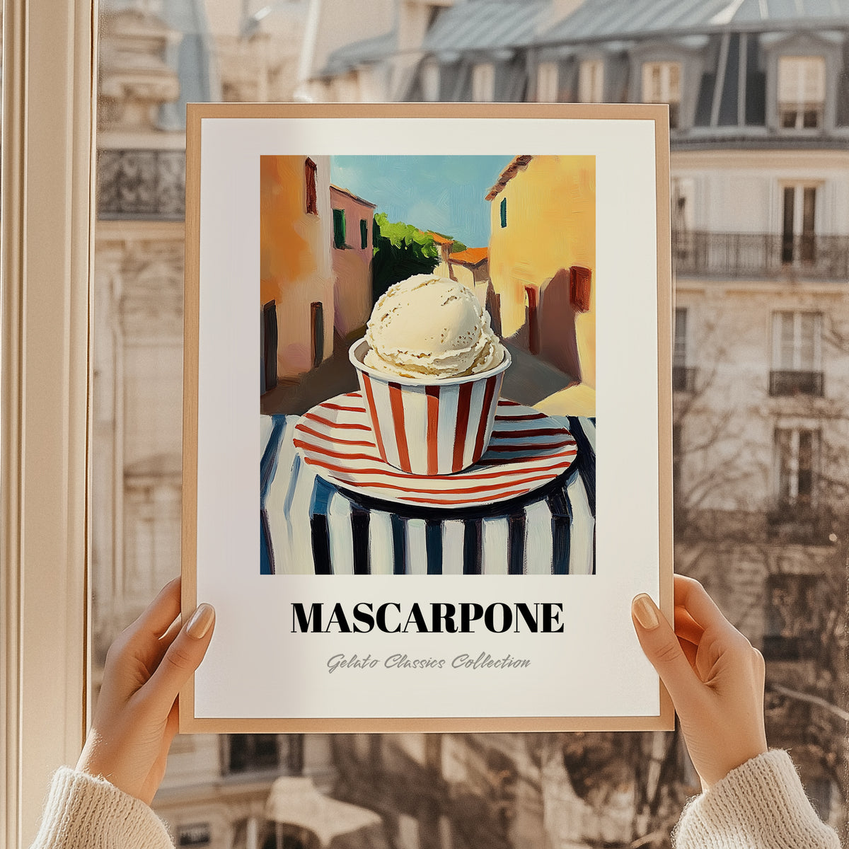 Gelato Mascarpone – Italian Street Café Scene, Gelato Still Life, styled in a charming Paris street view