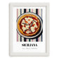 Siciliana – on Striped Tablecloth, Pizza Poster, placed in minimal white frame